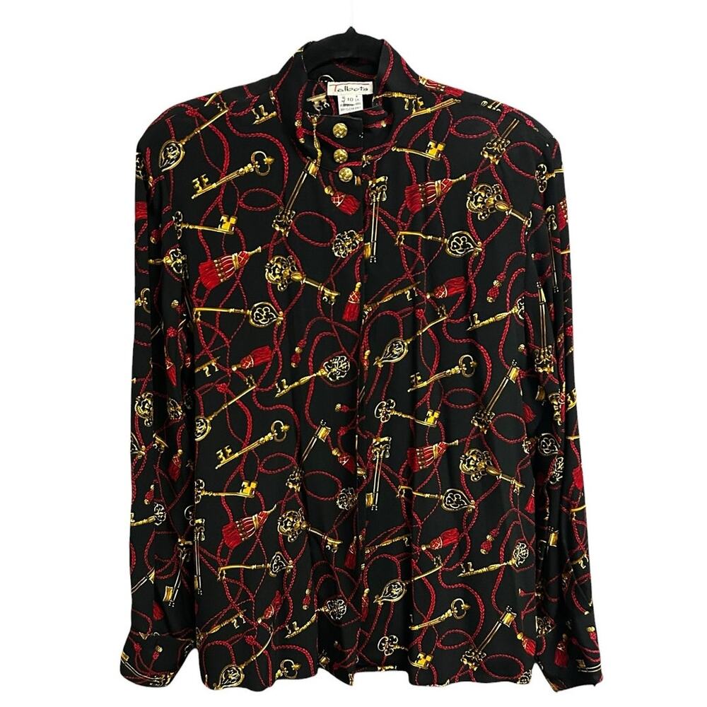 Vintage Talbots Black Red Gold Baroque Style Chain & Tassel Print Blouse 10
